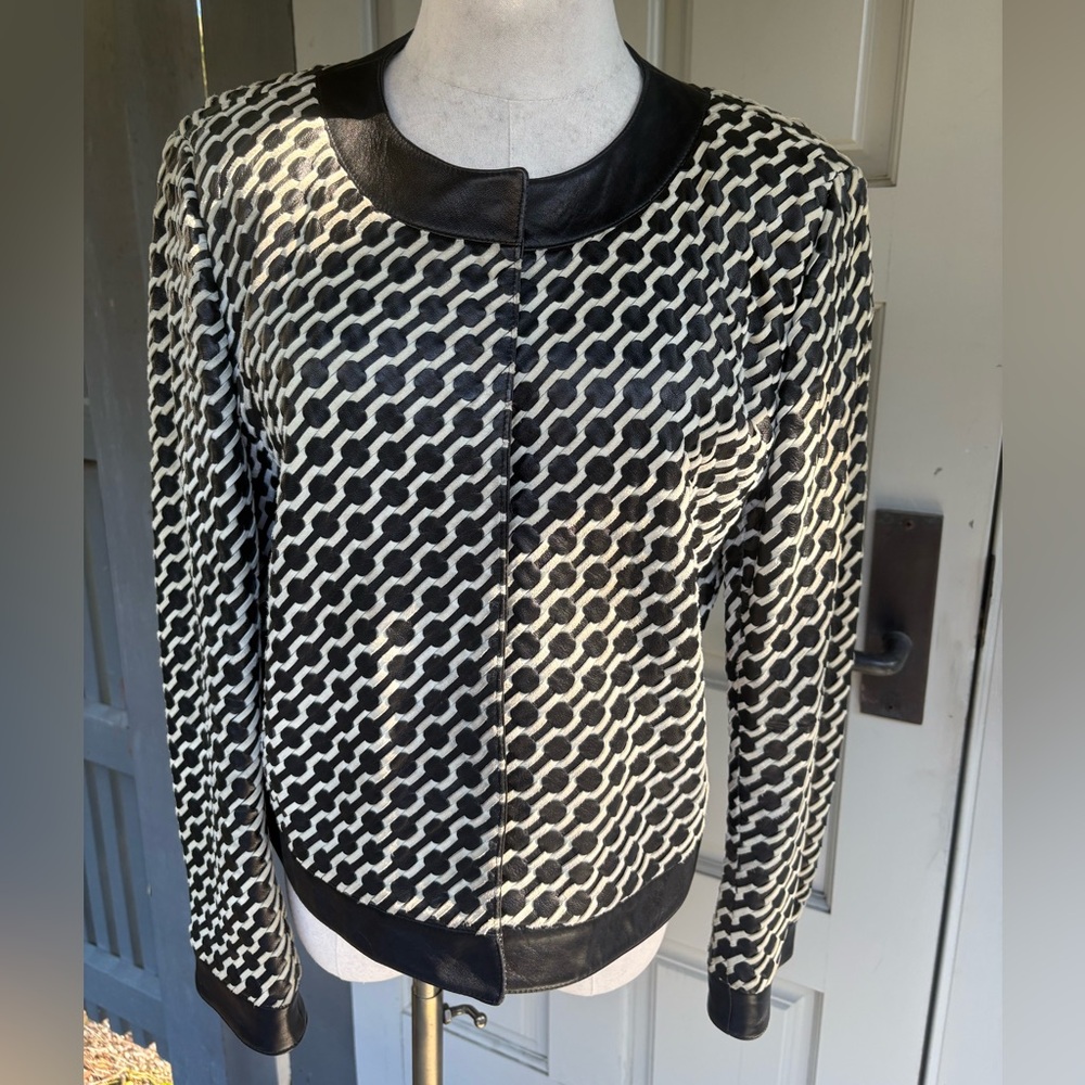 Armani Collezioni Chic Black & White Leather Bomber Braided Jacket